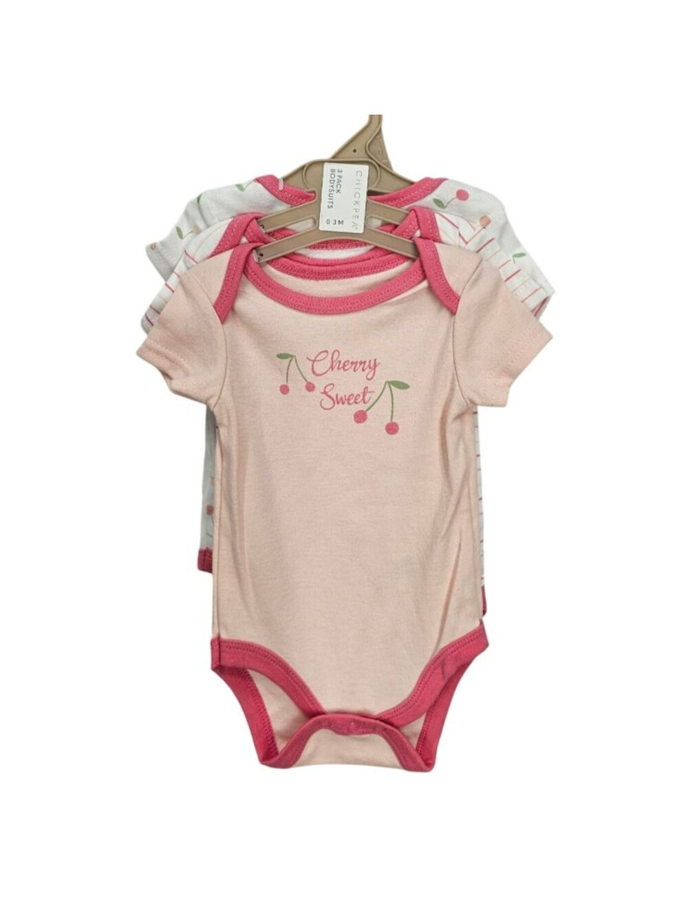 Chickpea Baby Girls 3-Pack Cherry & Striped Bodysuits 0-3M Cotton Pink/White